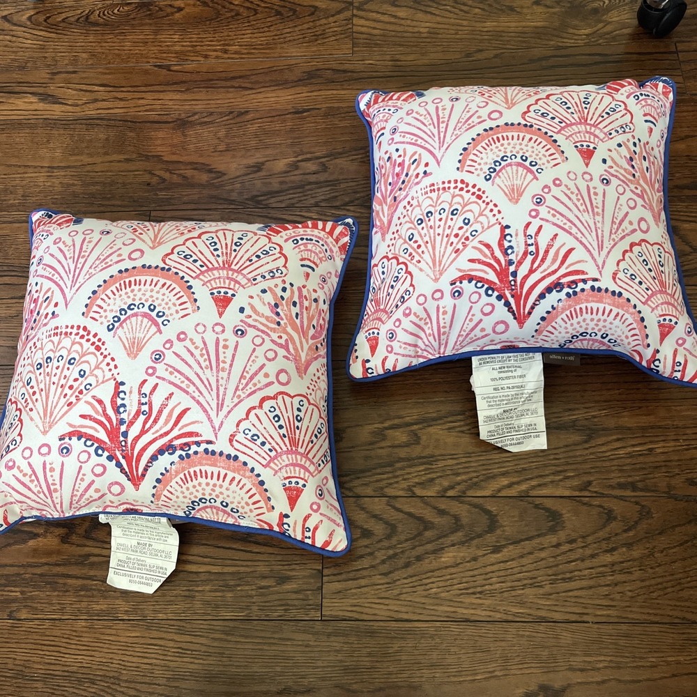 2 Allen & Roth Coral Outdoor Indoor Cushion Pillow Sea Shell Beach costal 15"